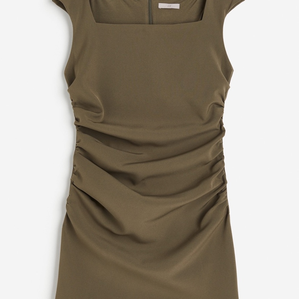 H&M army green Square neck twill dress with ruched details